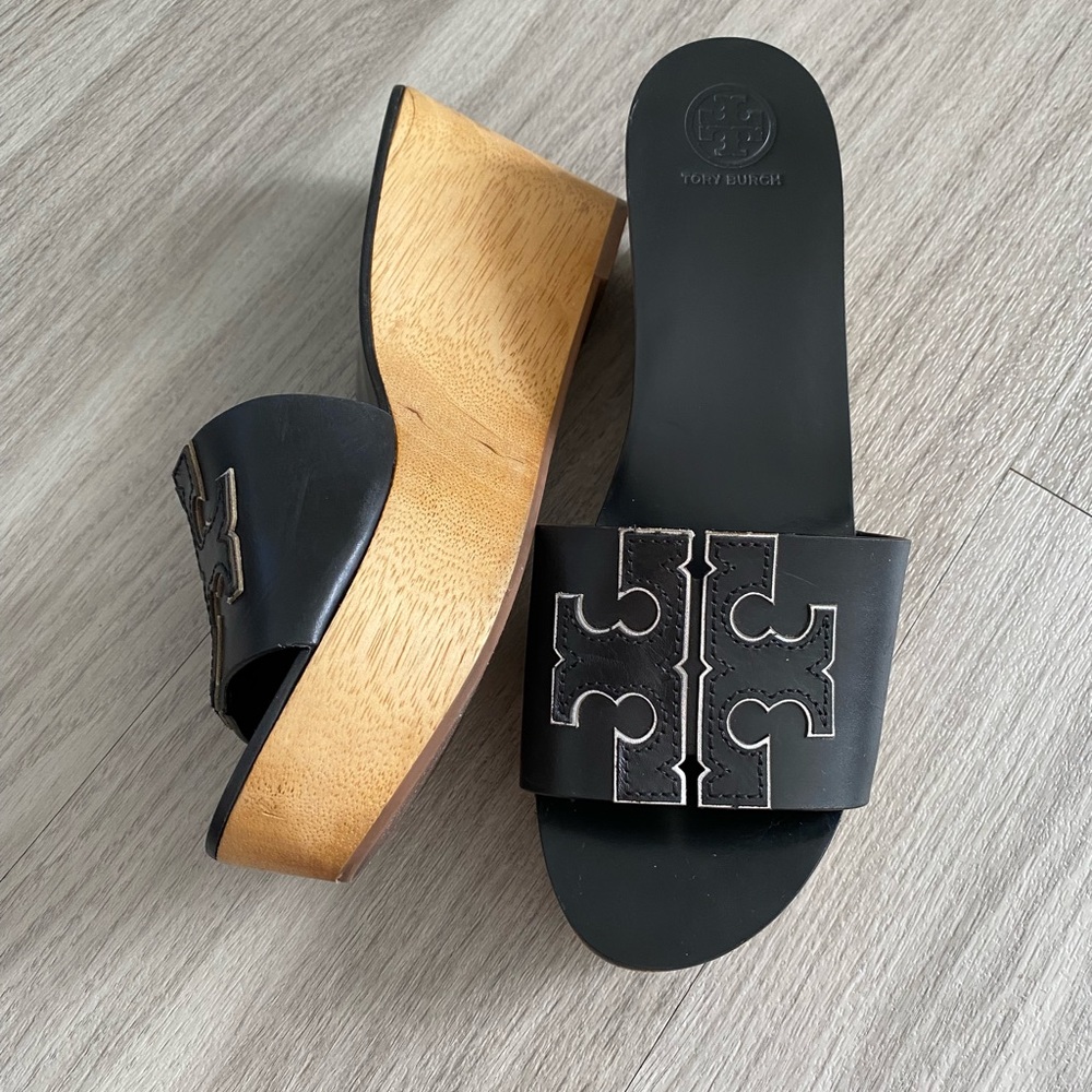 Tory Burch Logo Wood Wedge Slip-on Sandals~ 9